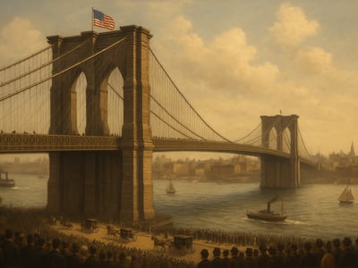 The Brooklyn Bridge in New York City, opened on May 24, 1883, linking Manhattan and Brooklyn across the East River.