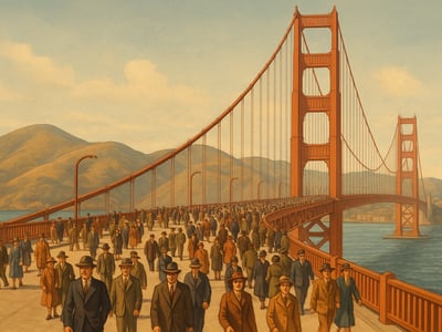 The Golden Gate Bridge spans the Golden Gate strait between San Francisco and Marin County around its 1937 public opening.