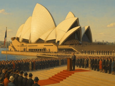 Sydney Opera House at Bennelong Point in Sydney, formally opened by Queen Elizabeth II on 20 October 1973 after years of construction.