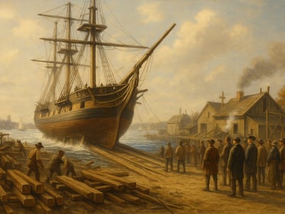 USS Constitution, a frigate of the early United States Navy, at its 1797 launch in Boston. The ship was built at Edmund Hartt's shipyard under the federal frigate program.